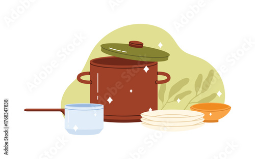 Shiny eco-friendly kitchenware including pot, pan, plates, and bowl isolated on white vector illustration