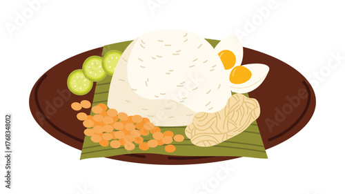 Isolated Malaysian nasi lemak with rice, egg, cucumber, peanuts, and anchovies on white background vector illustration