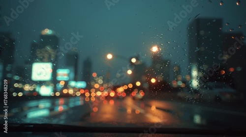 A POV cinematic still from a car window at night, with blurred city lights creating a melancholic, reflective atmosphere full of emotion and solitude.
