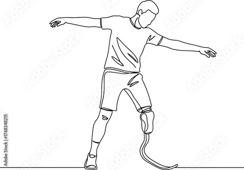 Young athlete balancing on prosthetic leg in line vector style  