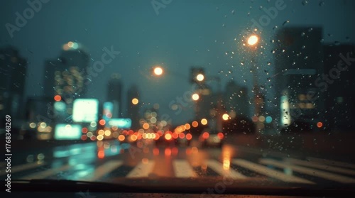 A POV cinematic still from a car window at night, with blurred city lights creating a melancholic, reflective atmosphere full of emotion and solitude.
