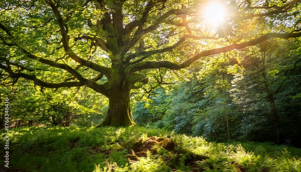 Naklejka premium sunlit green oak tree in lush forest