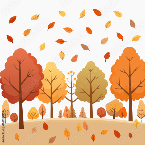 Vibrant autumn forest illustration featuring stylized trees with red, orange, yellow foliage, falling leaves, and scattered ground cover, capturing the picturesque beauty of the fall season