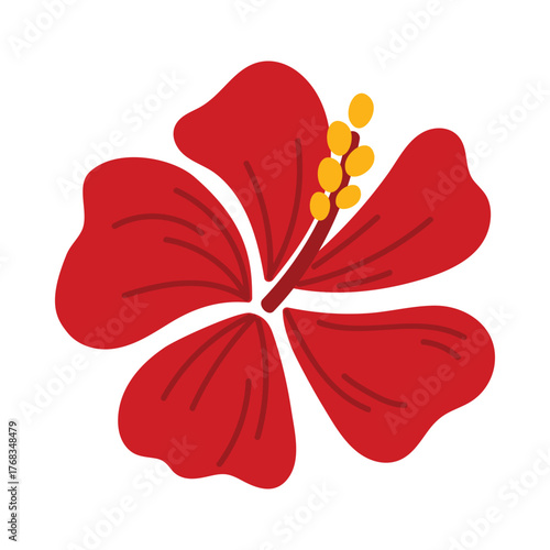 Bright red hibiscus flower isolated on white background, symbol of Malaysia, simple vector illustration