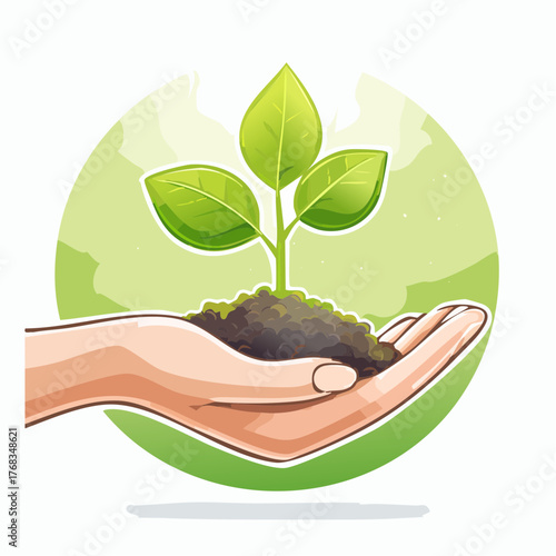 Human hand tenderly holds a vibrant green plant sprout with rich soil, symbolizing sustainable growth, environmental care, and the promise of new life for a greener future