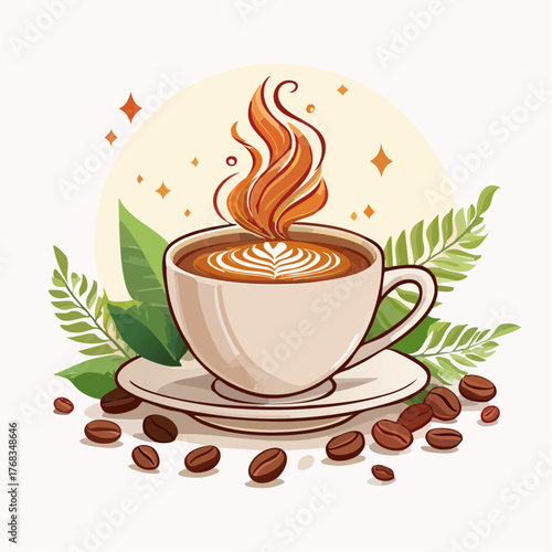 A steaming cup of freshly brewed coffee adorned with intricate latte art, surrounded by coffee beans and lush green leaves