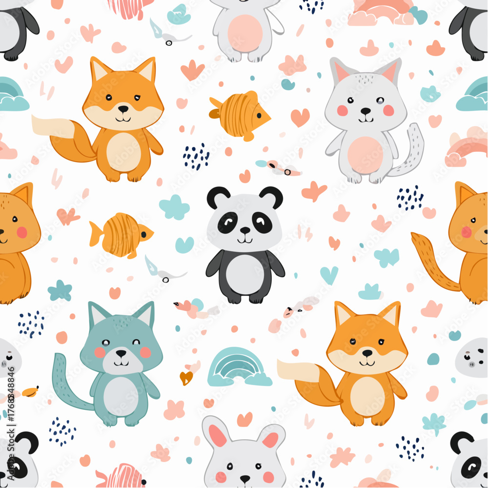 Obraz premium Adorable seamless pattern featuring cute cartoon woodland animals like fox, panda, rabbit, and wolf, a whimsical design for nursery decor