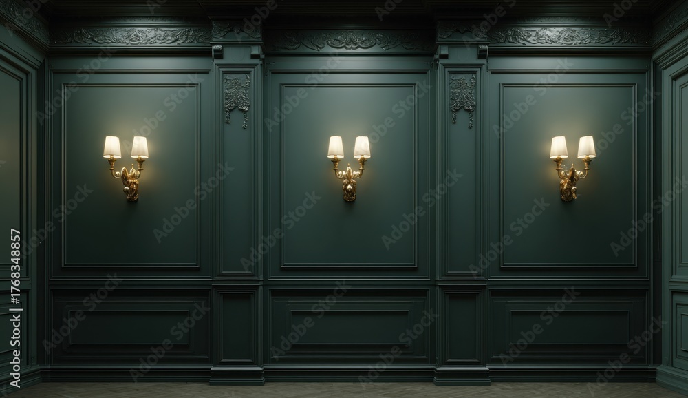 Fototapeta premium Elegant dark teal wall with ornate molding and four vintage wall sconces lighting