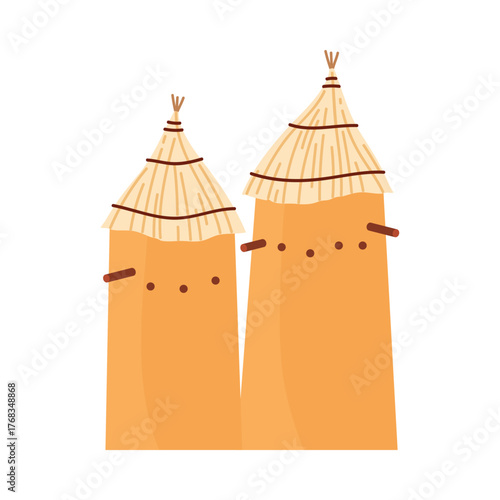 Two traditional Mali huts with straw thatched roofs on a white isolated background vector illustration