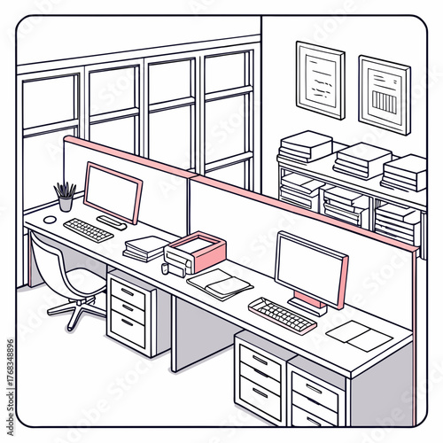 Office workspace design illustration with desks computers chair and storage for business use 3d view