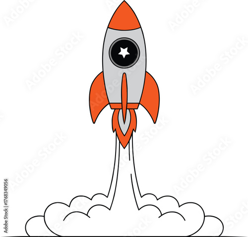 Rocket Launch Vector with Orange Accents, Star Emblem, and White Smoke Trail on Isolated White Background ? Space Exploration Concept Illustration