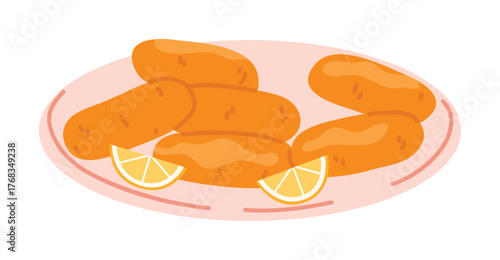 Traditional Netherlands croquettes served with lemon slices on a pink plate isolated vector illustration