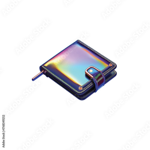 A modern iridescent wallet with a snap closure and side zipper, reflecting a spectrum of vibrant colors against a white background.