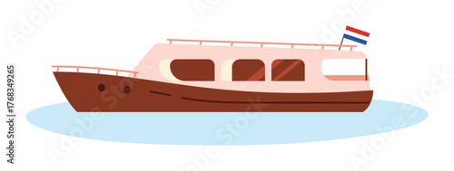 Flat isolated Dutch canal boat with Netherlands flag on water for travel and tourism vector illustration