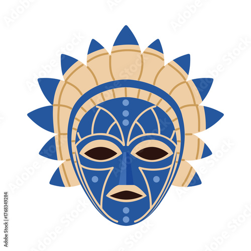 Colorful isolated Nigerian tribal mask with blue and beige geometric patterns on white background vector illustration