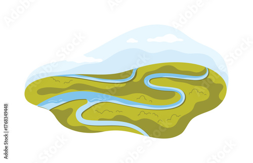 Isolated winding river flowing across green Nigerian countryside with blue sky and clouds vector illustration