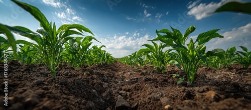 Green Plant Seedlings Growing in Brown Soil Under Blue Sky