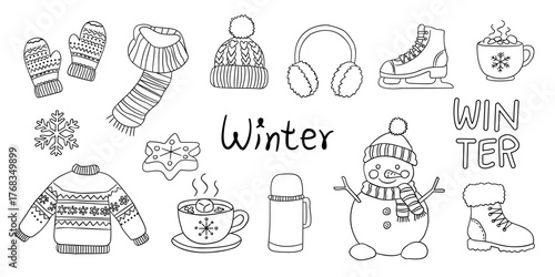 Collection of hand-drawn winter season doodles