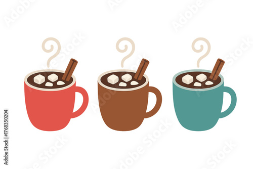 Three steaming mugs of hot cocoa topped with marshmallows and cinnamon sticks for winter holidays
