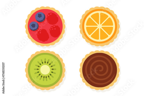 Set of four sweet dessert tarts with blueberry raspberry orange kiwi and chocolate