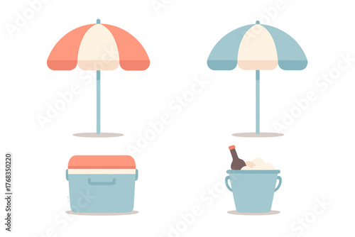 Summer vacation essentials set with beach umbrellas, portable cooler box, and ice bucket