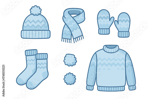 Cozy light blue knitted winter set including bobble hat, scarf, mittens, socks, and turtleneck sweater