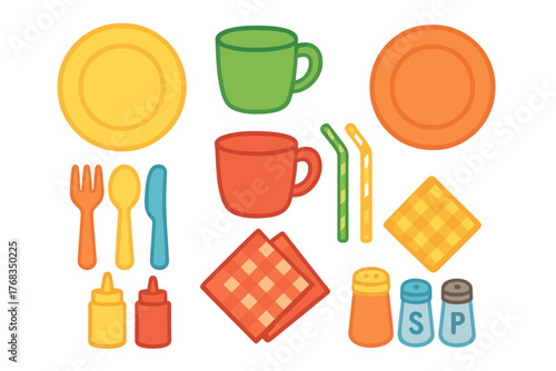 Colorful restaurant and kitchen essentials set including plates, mugs, cutlery, and condiment bottles