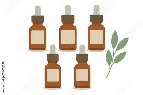 Five amber dropper bottles with blank labels and a green herbal sprig on white background