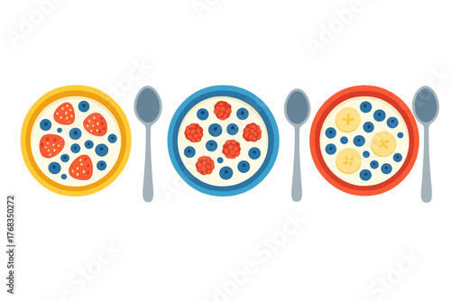 Three colorful bowls of healthy breakfast with oatmeal, yogurt, strawberries, blueberries, and banana slices