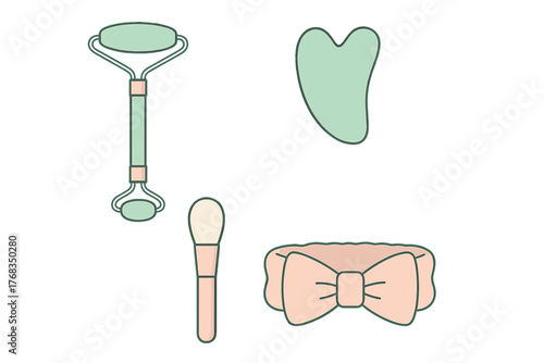 Skincare routine set with jade roller, gua sha stone, cosmetic brush, and soft headband