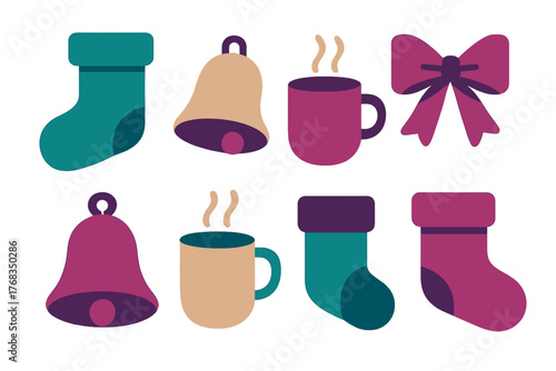 Collection of festive Christmas holiday symbols including stockings bells hot drinks and bow