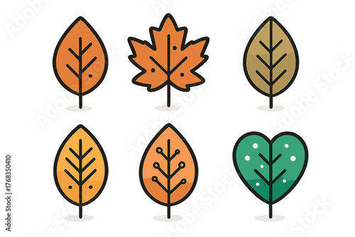 Six stylized autumn foliage symbols featuring various leaf shapes and seasonal colors