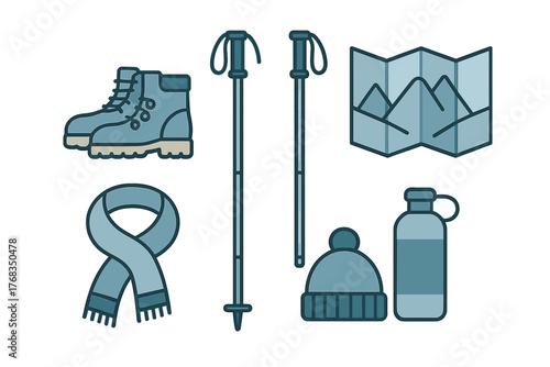 Set of essential outdoor adventure and winter travel equipment including hiking boots and trekking poles