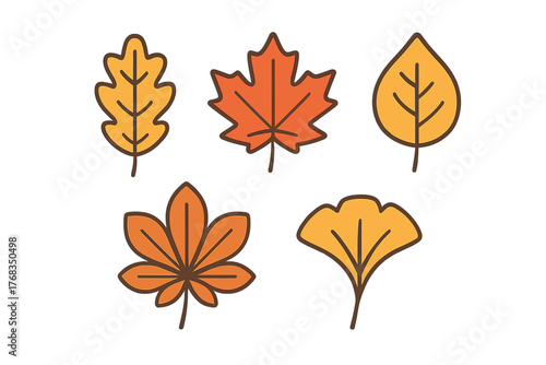 Stylized collection of autumn foliage shapes including maple oak and ginkgo
