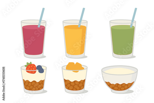 Colorful fruit smoothies, layered yogurt parfaits, and a healthy granola bowl set for nutritious breakfast or snack