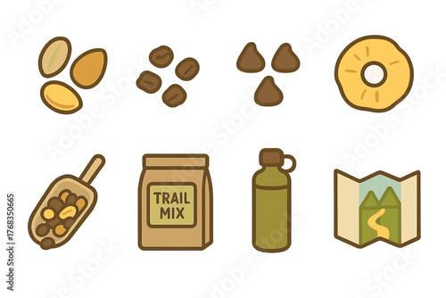 Hiking and outdoor snack essentials collection with trail mix ingredients water bottle and map
