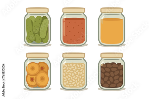 Six glass jars filled with preserved foods including pickles, beans, jam, and honey