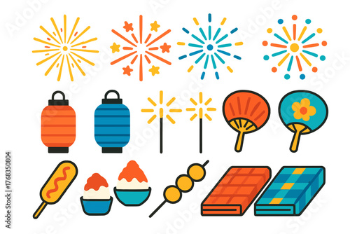 Traditional Japanese summer festival elements: fireworks, lanterns, fans, sparklers, and street food