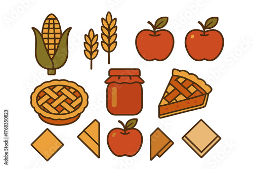 Autumn harvest food collection featuring corn, apples, wheat, pie, and preserves jar