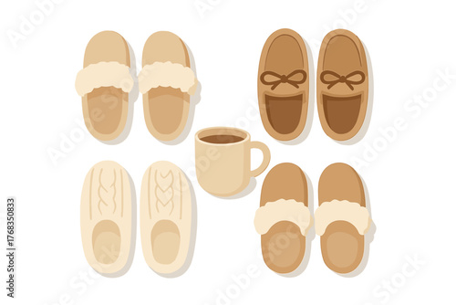 Overhead view of cozy slippers collection and warm coffee mug for comfortable home relaxation