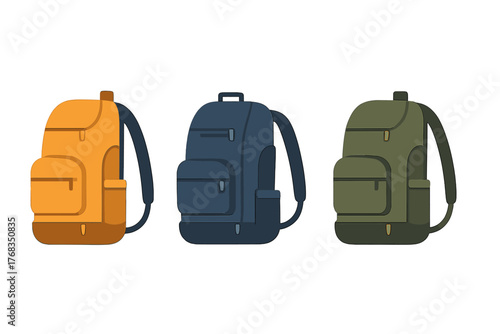 Three different colored hiking backpacks for travel and outdoor adventures