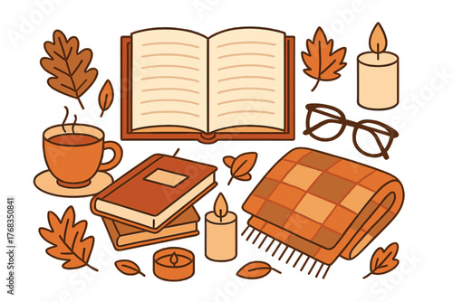Cozy autumn reading set with open book, hot beverage mug, checkered blanket, and fall leaves