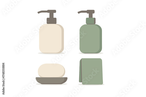 Minimalist set of bathroom hygiene products with liquid soap dispensers and towel