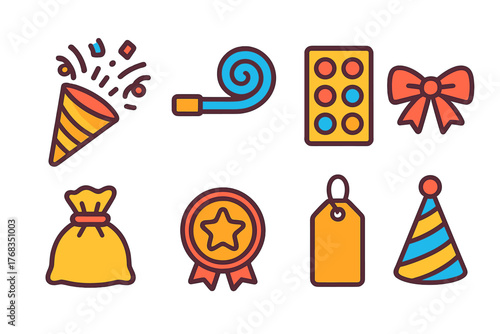 Colorful collection of celebration and festive icons including party popper, ribbon, award, and birthday hat