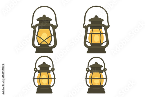 Collection of four vintage camping lanterns with glowing light isolated on white background