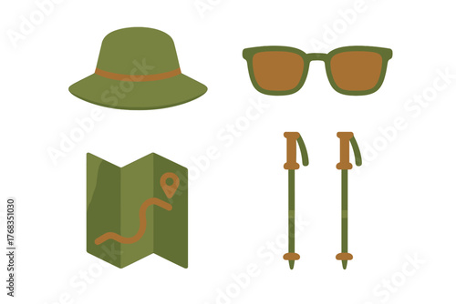 Essential outdoor gear set with sun hat sunglasses map and trekking poles for adventure travel