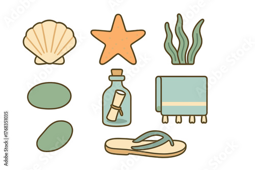 Set of summer beach vacation objects including seashell starfish and message in a bottle