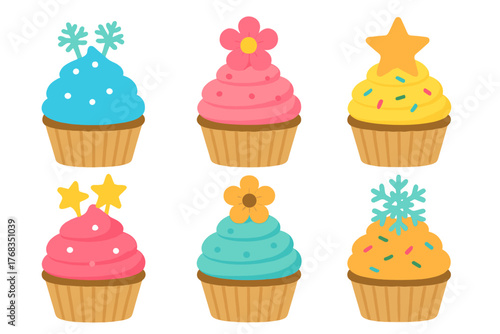 Six brightly colored sweet cupcakes with festive toppings and decorations