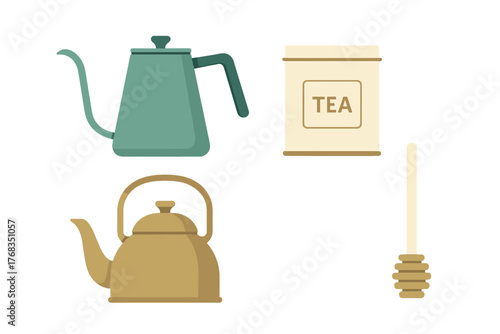 Modern and traditional kettles, tea canister, and honey dipper for hot beverage preparation