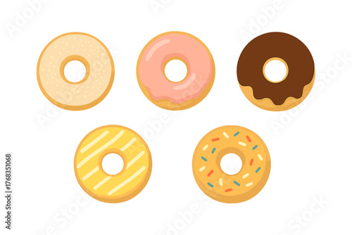 Set of five colorful glazed donuts with various toppings and flavors on a white background